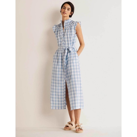 Boden Dresses & Skirts - Boden Jane Smocked Midi Shirt Dress - Dusty Blue Gingham - Size 10 - NWT